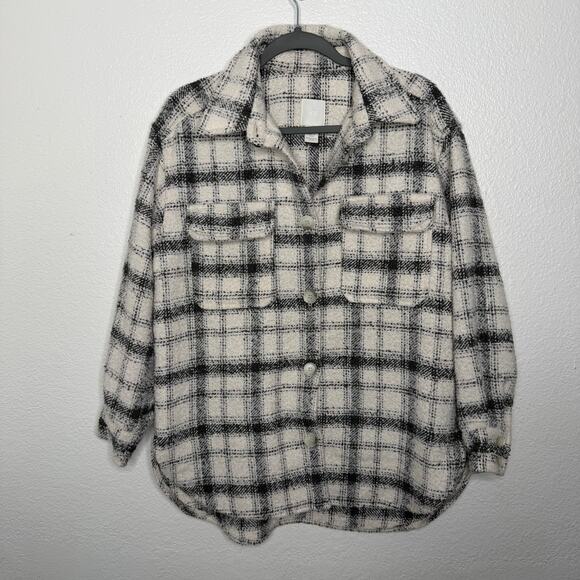H&M Womens Jacket Size S Plaid White Black Shacket Button Front Oversized - Picture 1 of 12